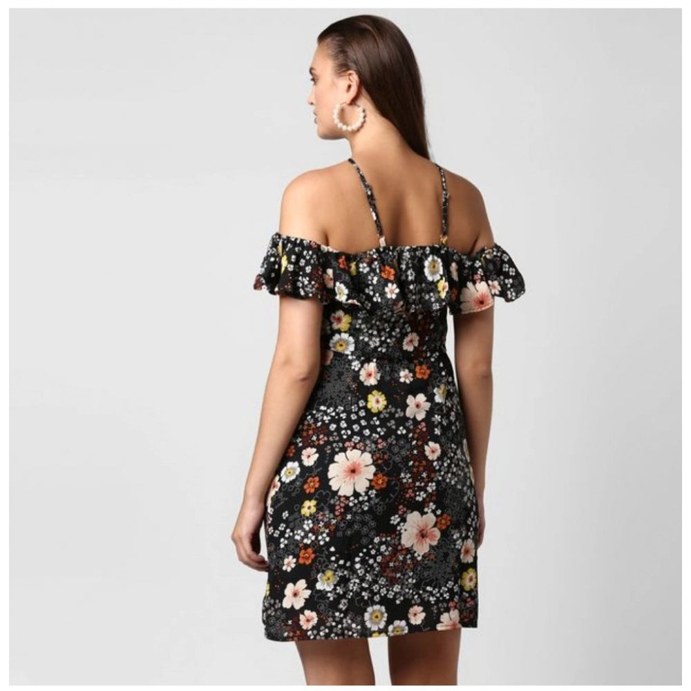 Vaystra Polyester Floral Cold Shoulder Above Knee Dress – Black