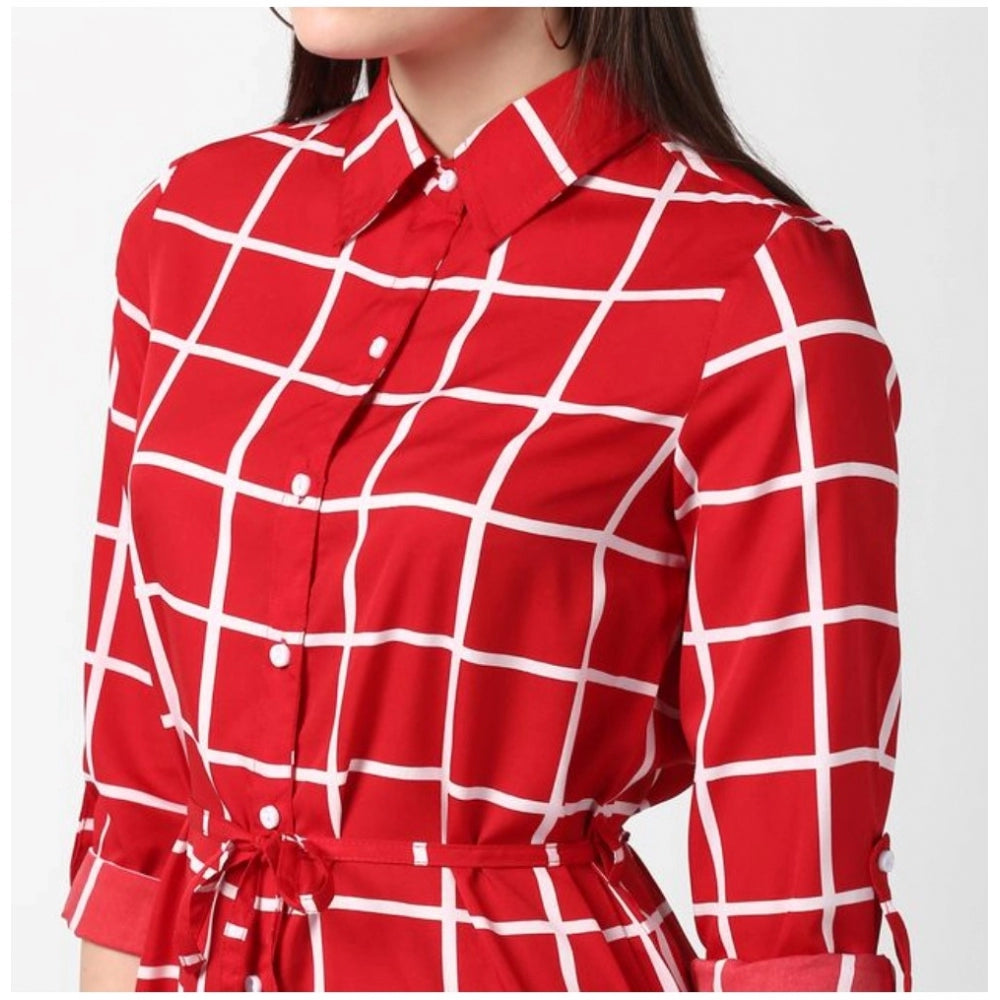 Vaystra Polyester Checkered Long Sleeves Above Knee Dress – Red