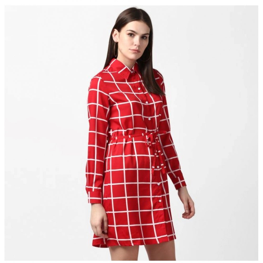 Vaystra Polyester Checkered Long Sleeves Above Knee Dress – Red