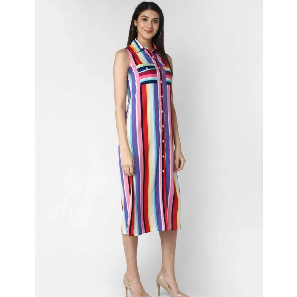 Vaystra Polyester Striped Sleeveless Calf-length Dress – Multicolor