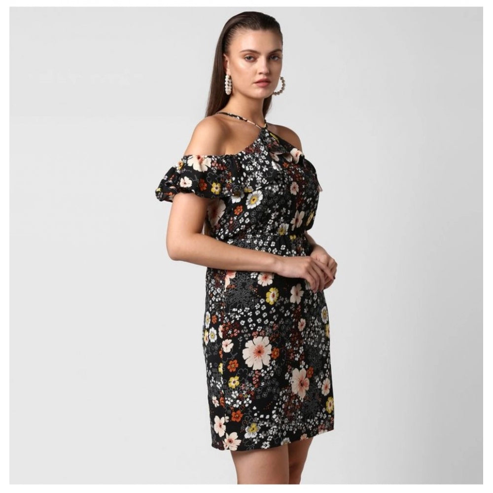 Vaystra Polyester Floral Cold Shoulder Above Knee Dress – Black
