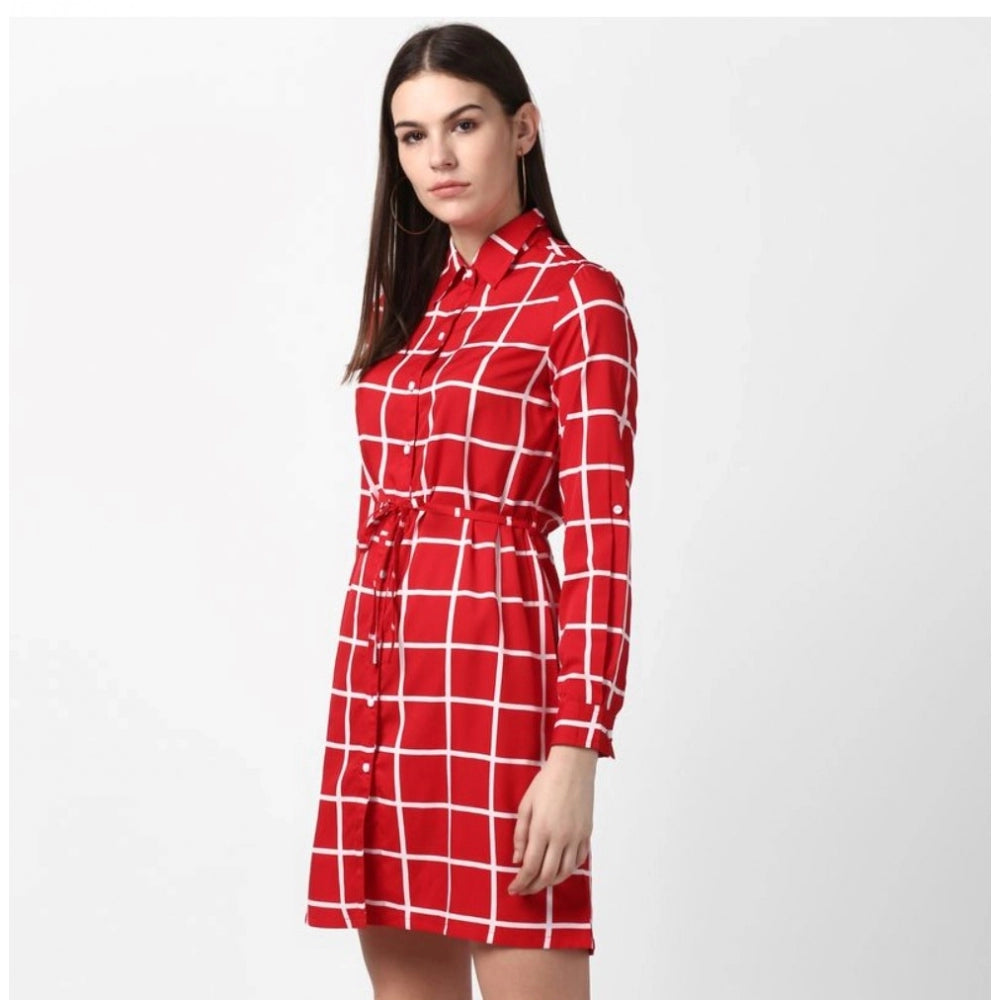 Vaystra Polyester Checkered Long Sleeves Above Knee Dress – Red
