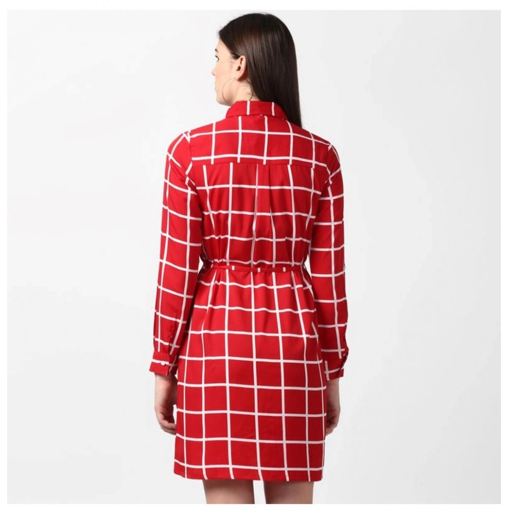 Vaystra Polyester Checkered Long Sleeves Above Knee Dress – Red