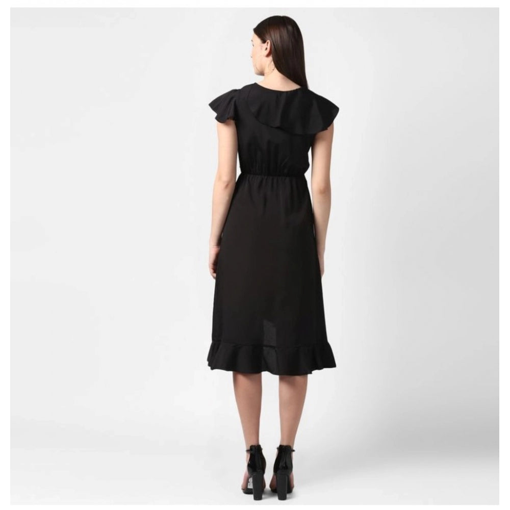 Vaystra Polyester Ruffled Cap Sleeve Knee-Length Dress – Black
