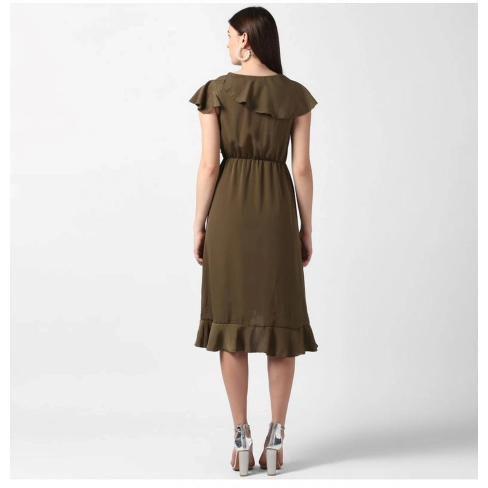 Vaystra Polyester Ruffled Cap Sleeve Knee-Length Dress – Olive