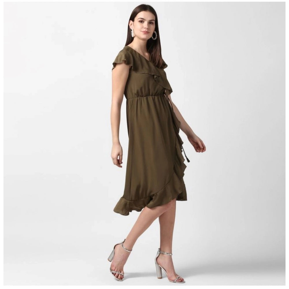 Vaystra Polyester Ruffled Cap Sleeve Knee-Length Dress – Olive