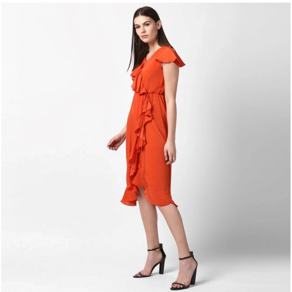 Vaystra Polyester Ruffled Cap Sleeve Knee-Length Dress – Orange