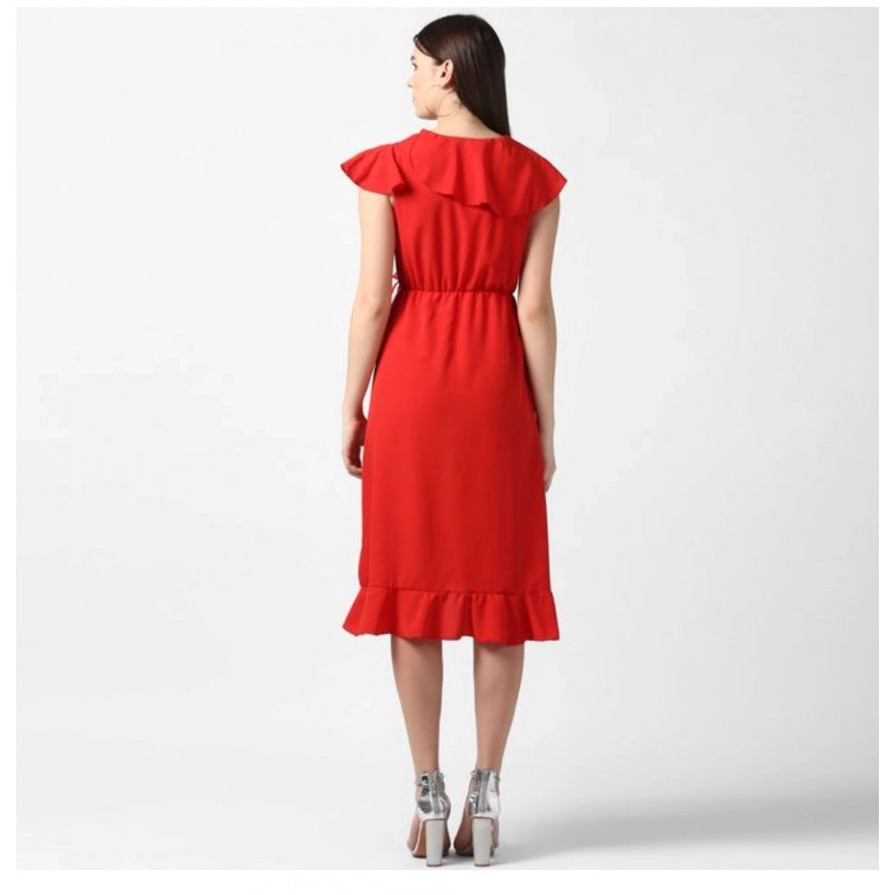 Vaystra Polyester Ruffled Cap Sleeve Knee-Length Dress – Red