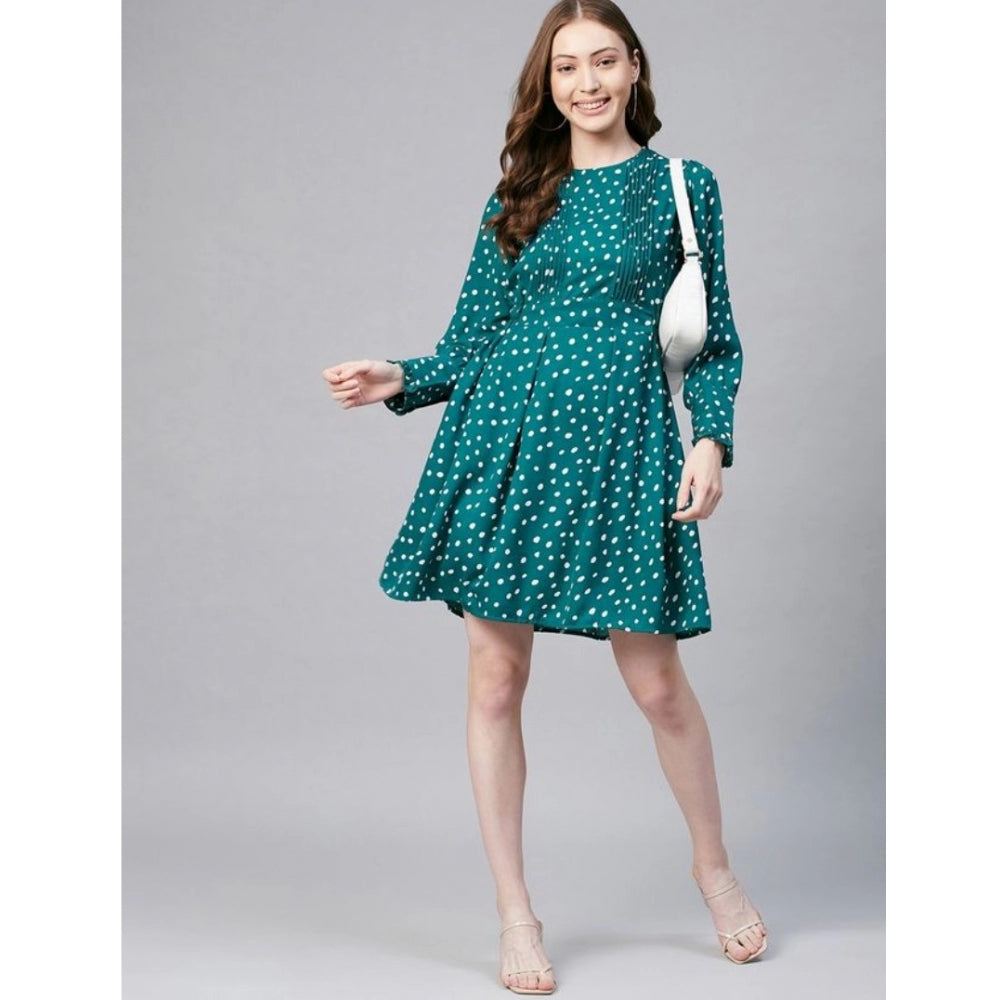 Vaystra Polyester Polka Long Sleeves Above Knee Dress – Green & White