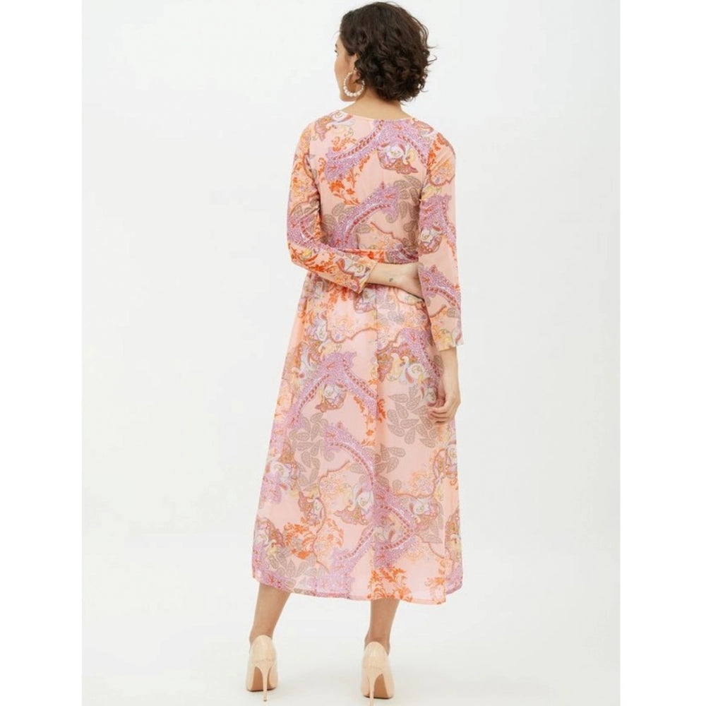 Vaystra Polyester Printed Long Sleeves Calf-length Dress – Multicolor