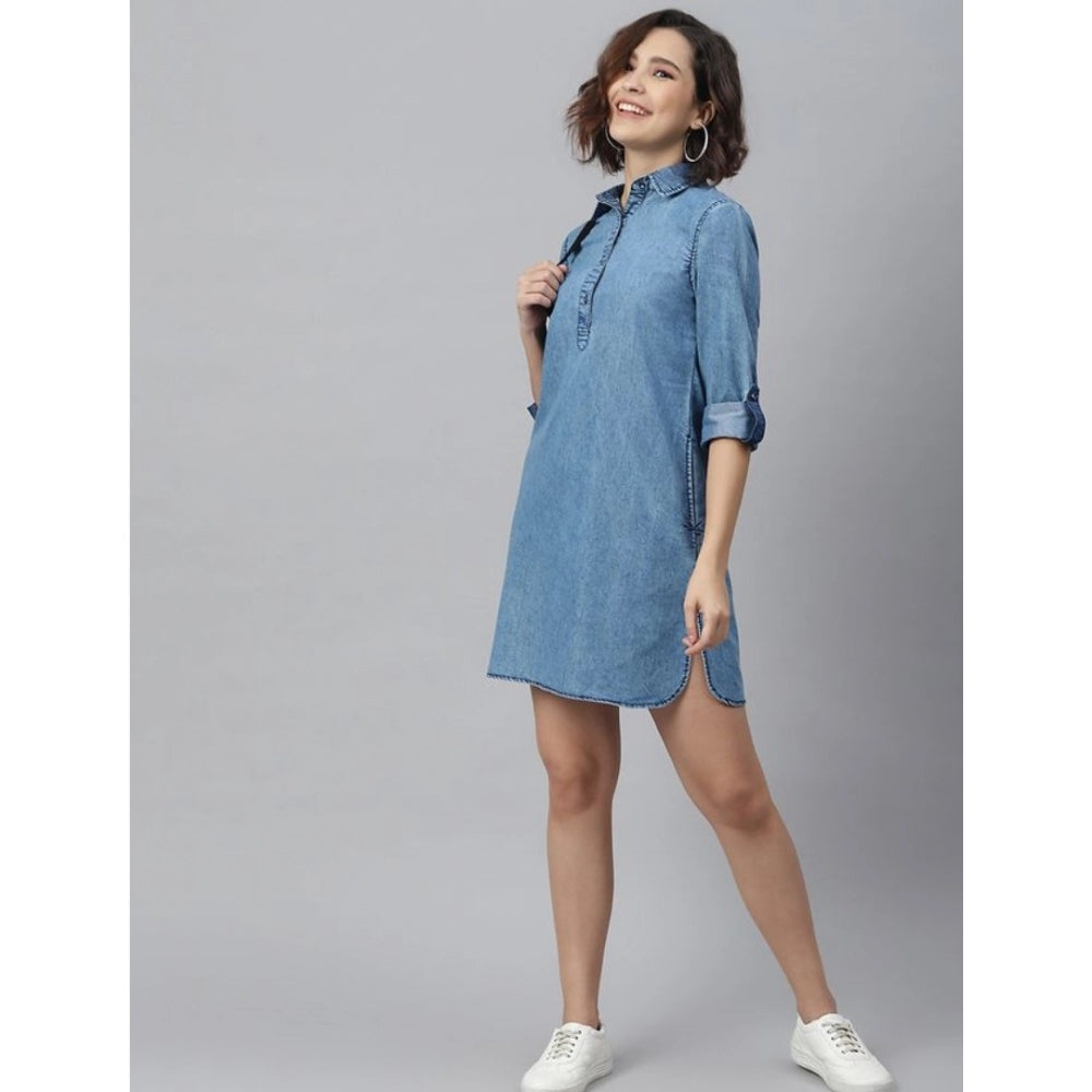 Vaystra Denim Solid Long Sleeves Above Knee Dress – Ice Blue