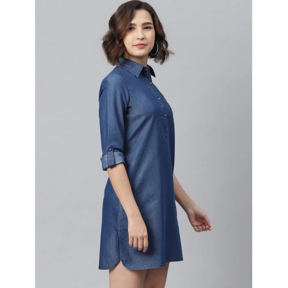 Vaystra Denim Solid Long Sleeves Above Knee Dress – Navy Blue