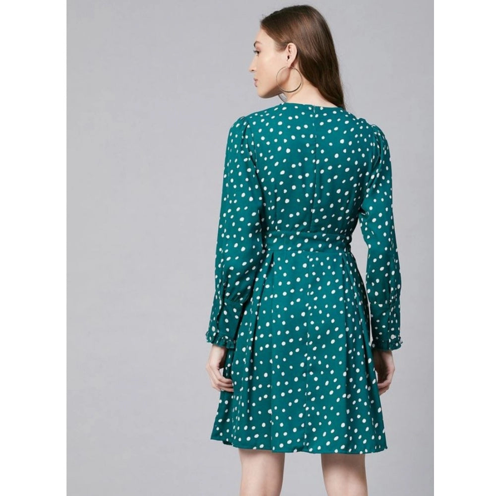 Vaystra Polyester Polka Long Sleeves Above Knee Dress – Green & White