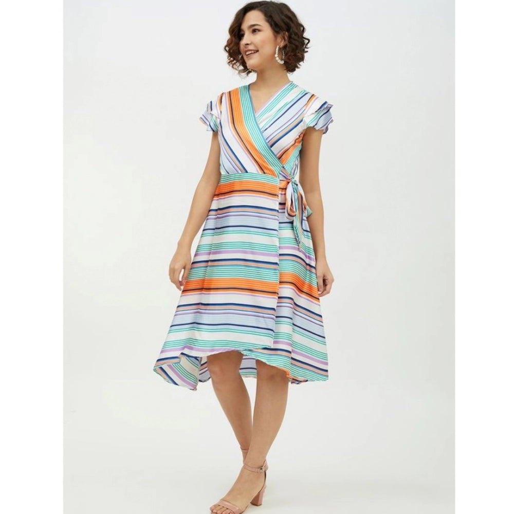 Vaystra Satin Striped Short Sleeve Knee-Length Dress – Multicolor