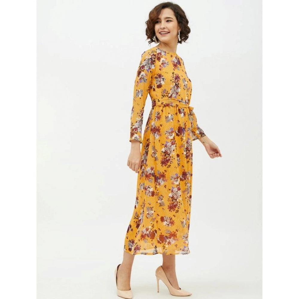 Vaystra Polyester Floral Long Sleeves Calf-length Dress – Multicolor