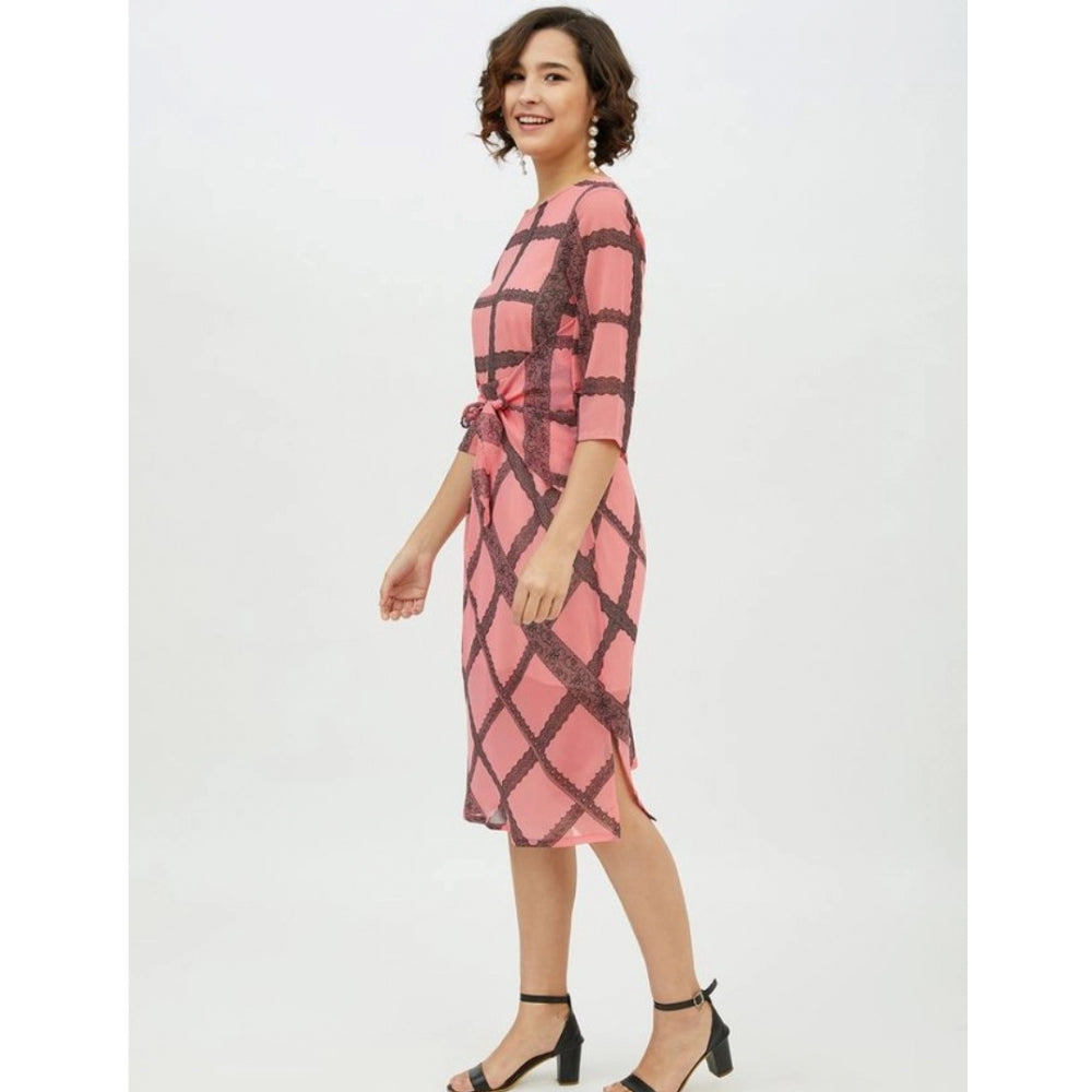 Vaystra Polyester Checkered 3-4th Sleeves Below Knee Dress – Pink