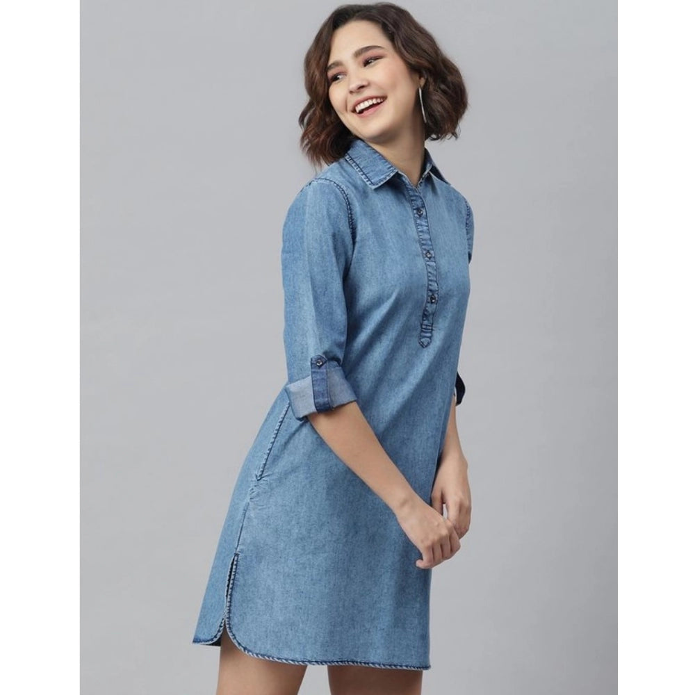 Vaystra Denim Solid Long Sleeves Above Knee Dress – Ice Blue