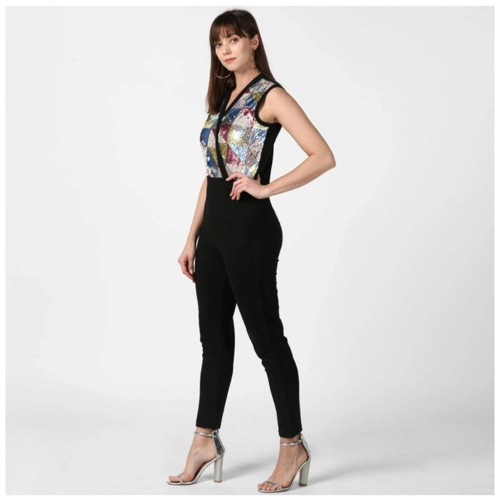 Vaystra Polyester Embellished Sleeveless Jumpsuit – Black