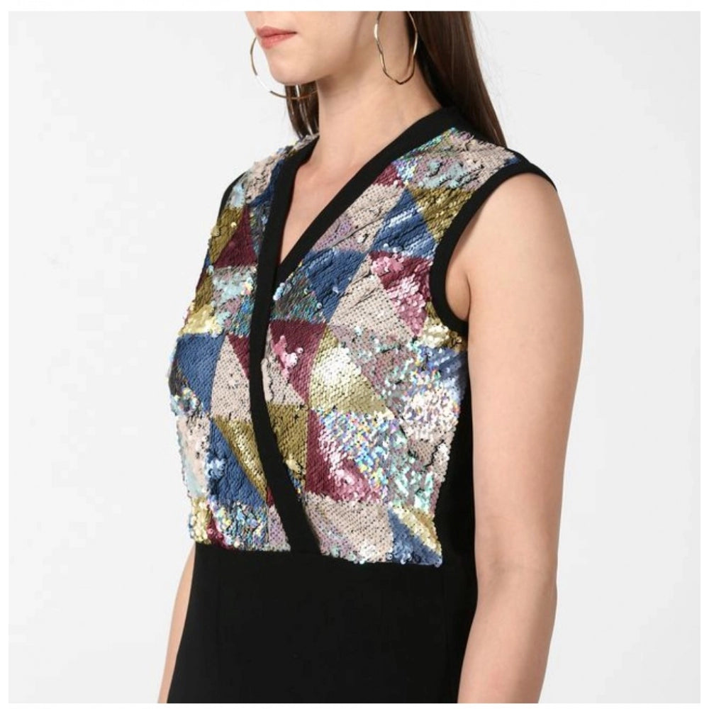 Vaystra Polyester Embellished Sleeveless Jumpsuit – Black