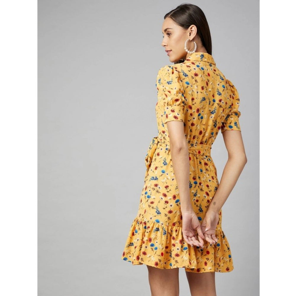 Vaystra Polyester Floral Short Sleeve Above Knee Dress – Yellow