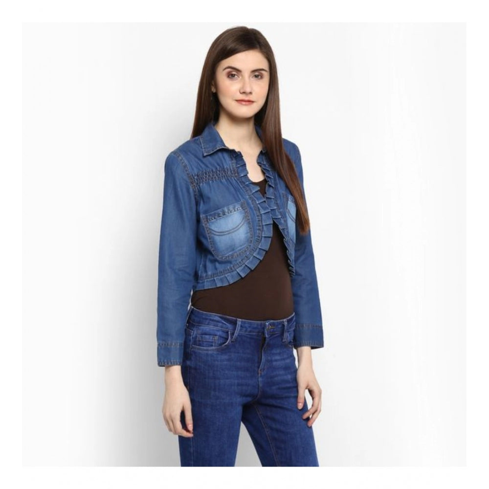 Vaystra Denim Pleated 3-4th Sleeves Shrug – Blue