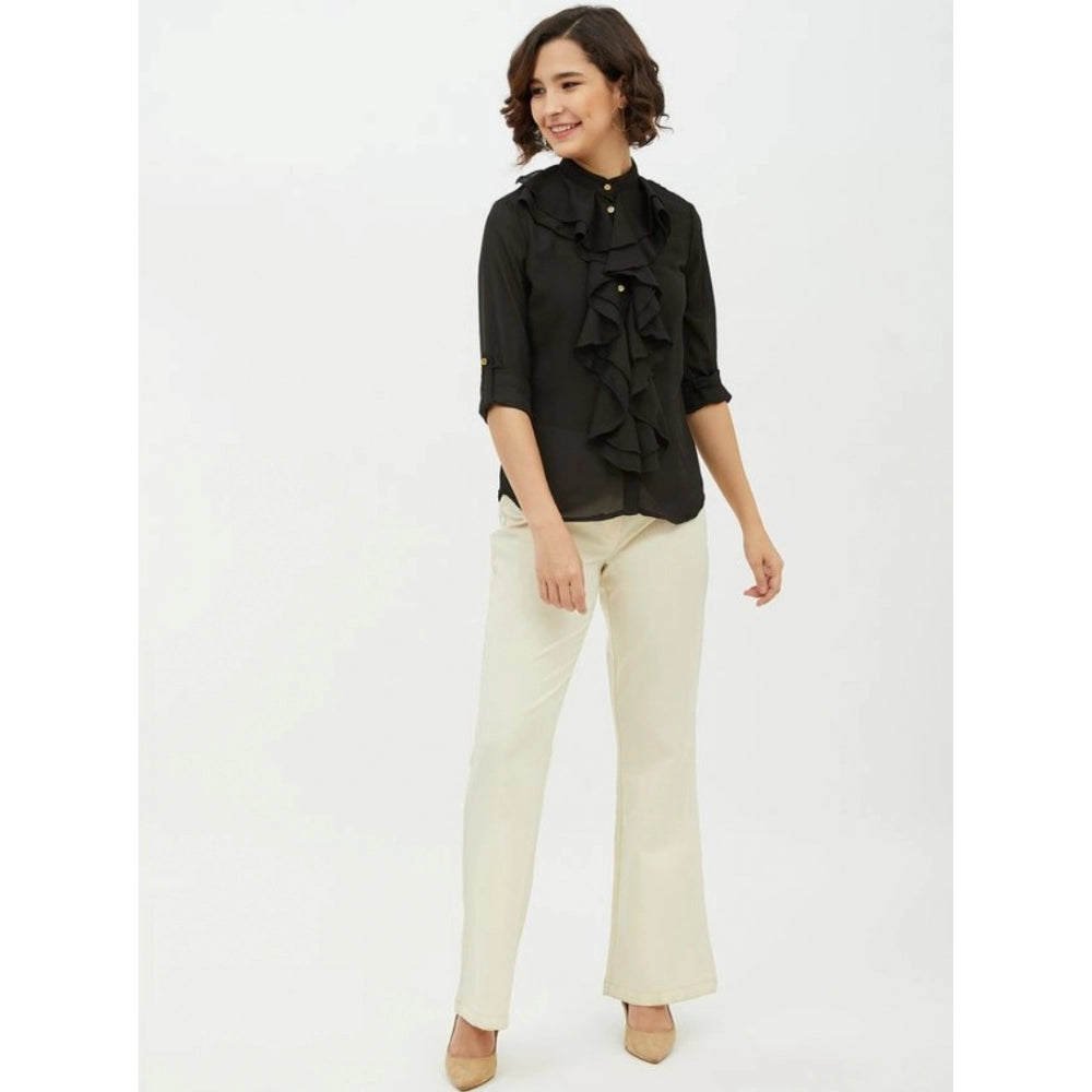 Vaystra Polyester Ruffled Long Sleeves Standard Length Shirt – Black