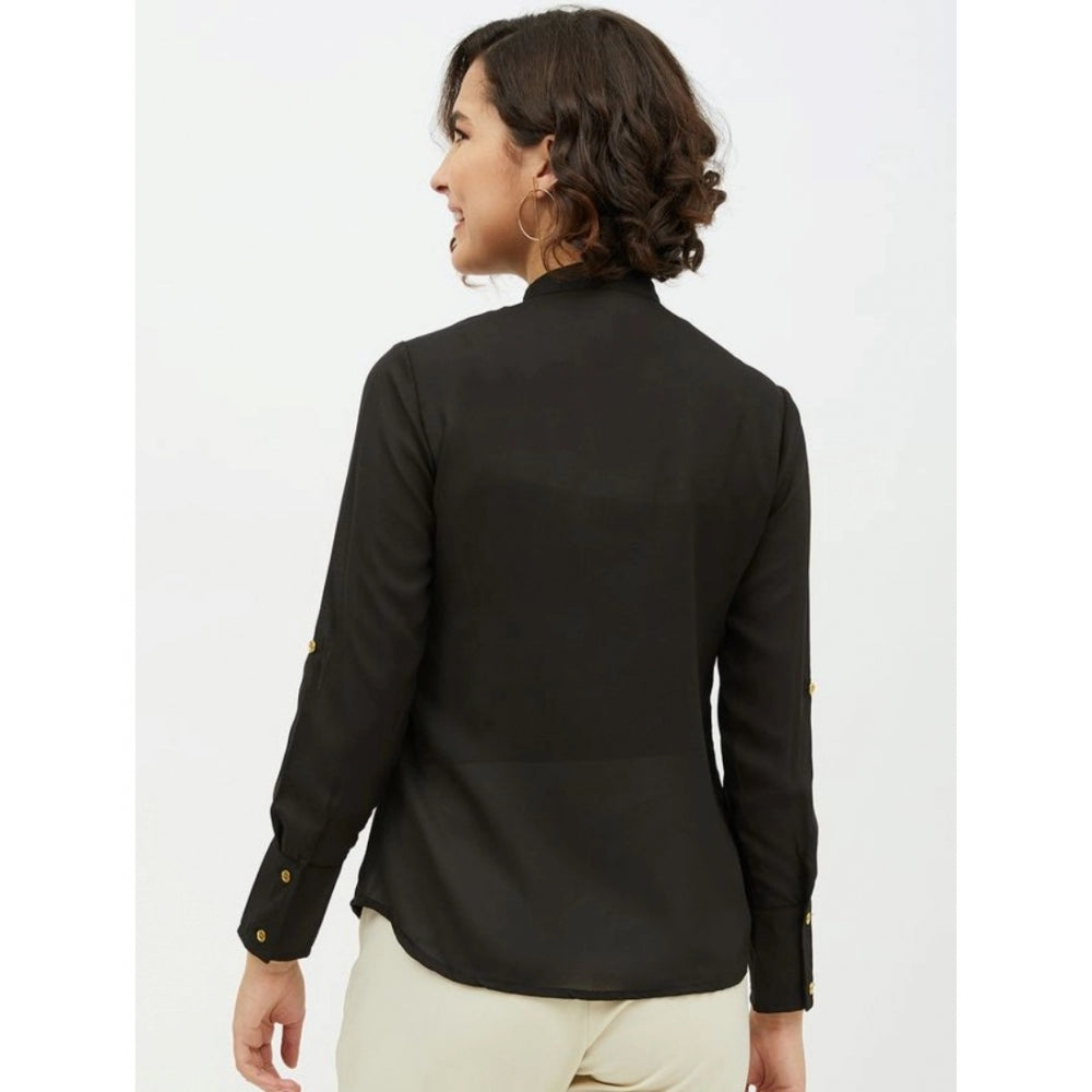 Vaystra Polyester Ruffled Long Sleeves Standard Length Shirt – Black