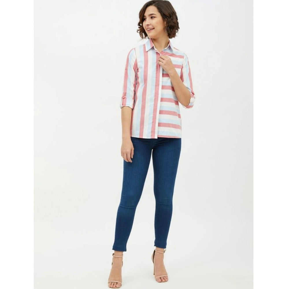 Vaystra Cotton Striped Long Sleeves Standard Length Shirt – Pink