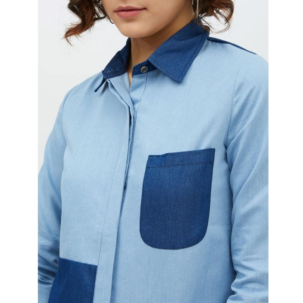 Vaystra Denim Patch Work Long Sleeves Standard Length Shirt – Blue