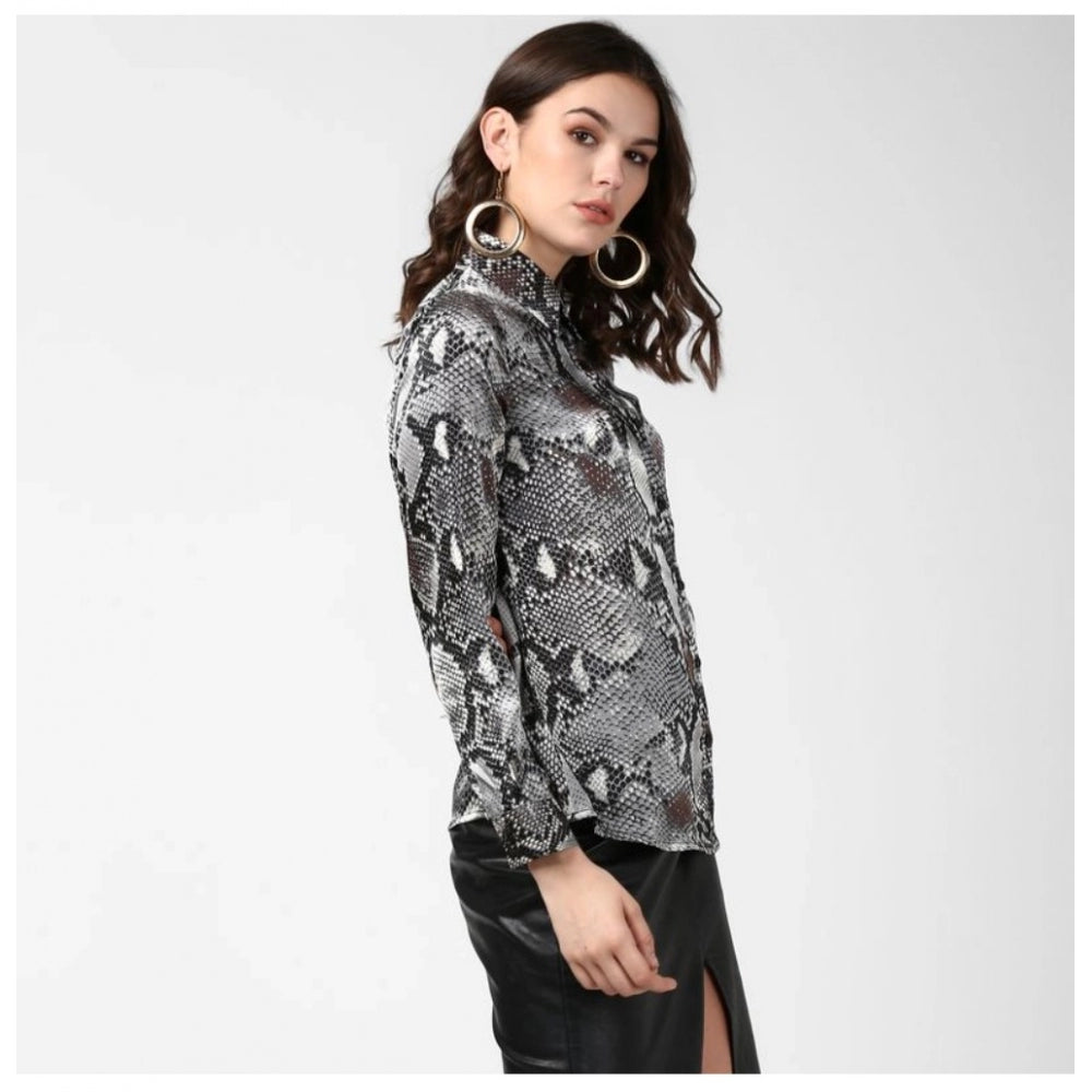 Vaystra Satin Animal Print Long Sleeves Standard Length Shirt – Black & Grey