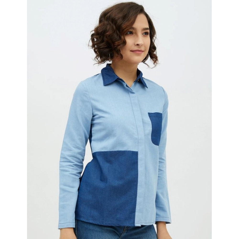 Vaystra Denim Patch Work Long Sleeves Standard Length Shirt – Blue