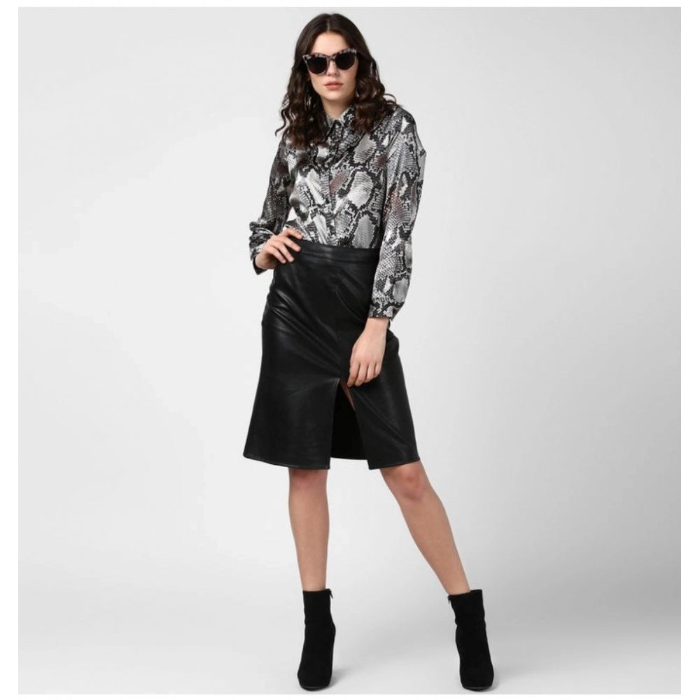 Vaystra Satin Animal Print Long Sleeves Standard Length Shirt – Black & Grey