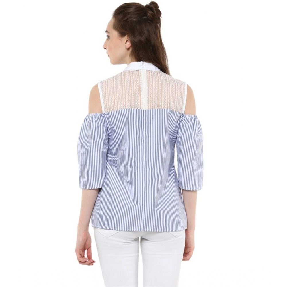 Vaystra Cotton Striped Cold Shoulder Top – Blue