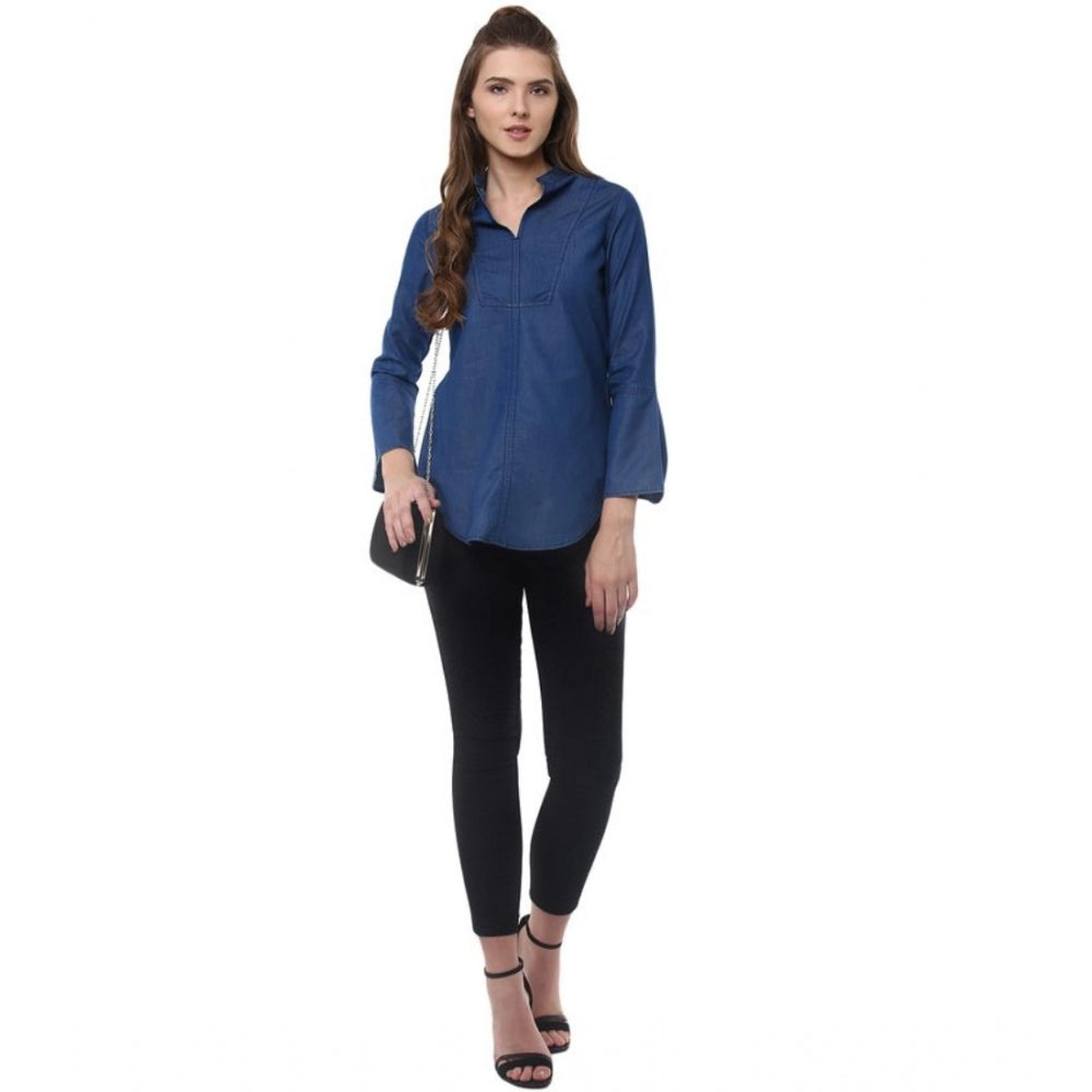 Vaystra Denim Solid Bell Sleeve Regular Top – Blue Denim