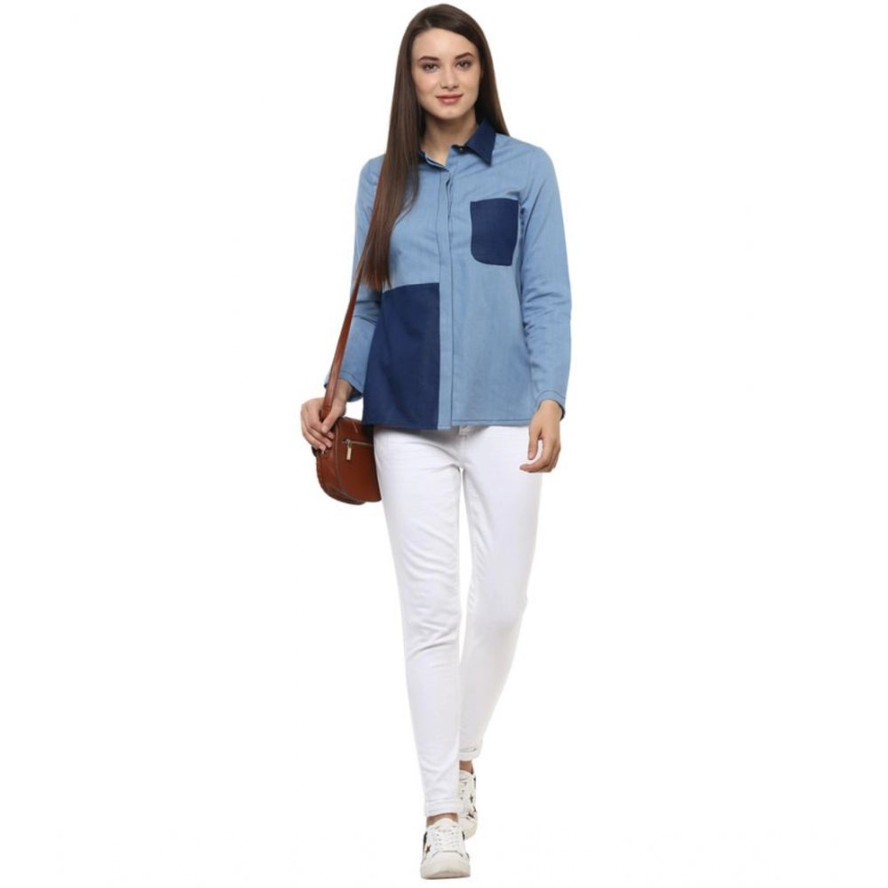Vaystra Denim Patch Work Long Sleeves Regular Top – Blue