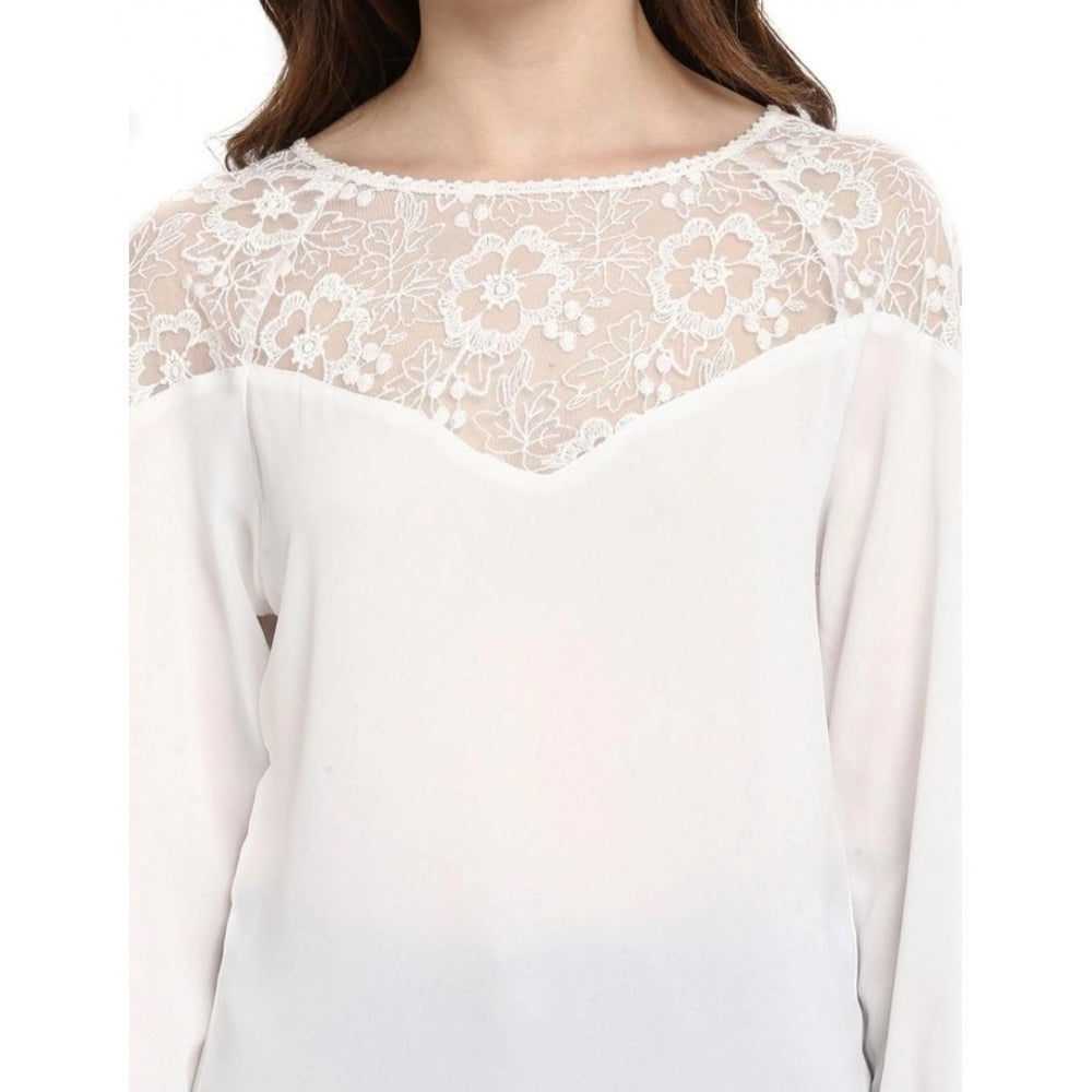 Vaystra Polyester Georgette Self Design 3-4th Sleeves Regular Top – White