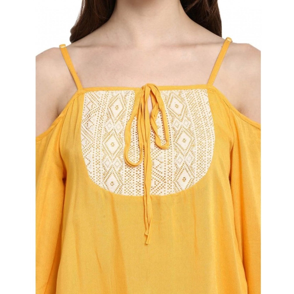 Vaystra Rayon Embellished Cold Shoulder Regular Top – Mustard Yellow
