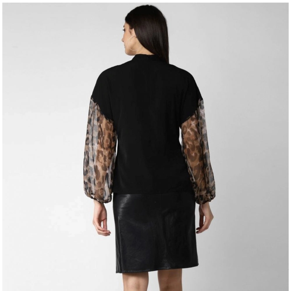 Vaystra Polyester Animal Print Long Sleeves Top – Black