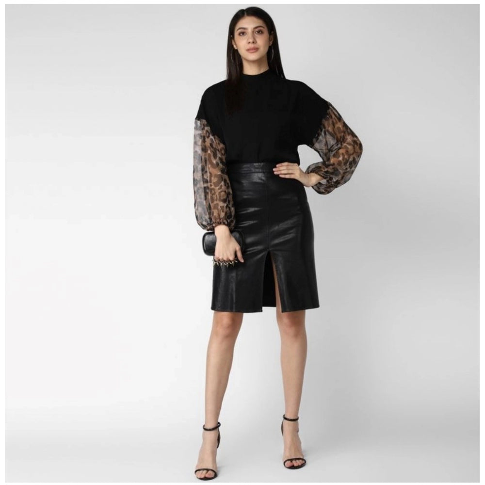 Vaystra Polyester Animal Print Long Sleeves Top – Black