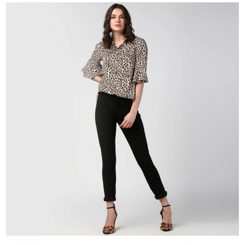 Vaystra Polyester Animal Print Bell Sleeve Top – Orange & Black