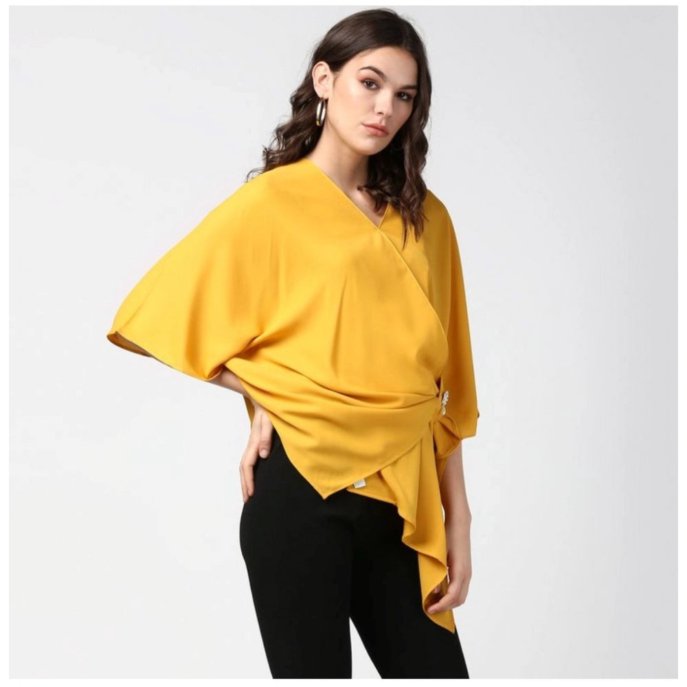 Vaystra Polyester Solid Cape Sleeve Top – Yellow