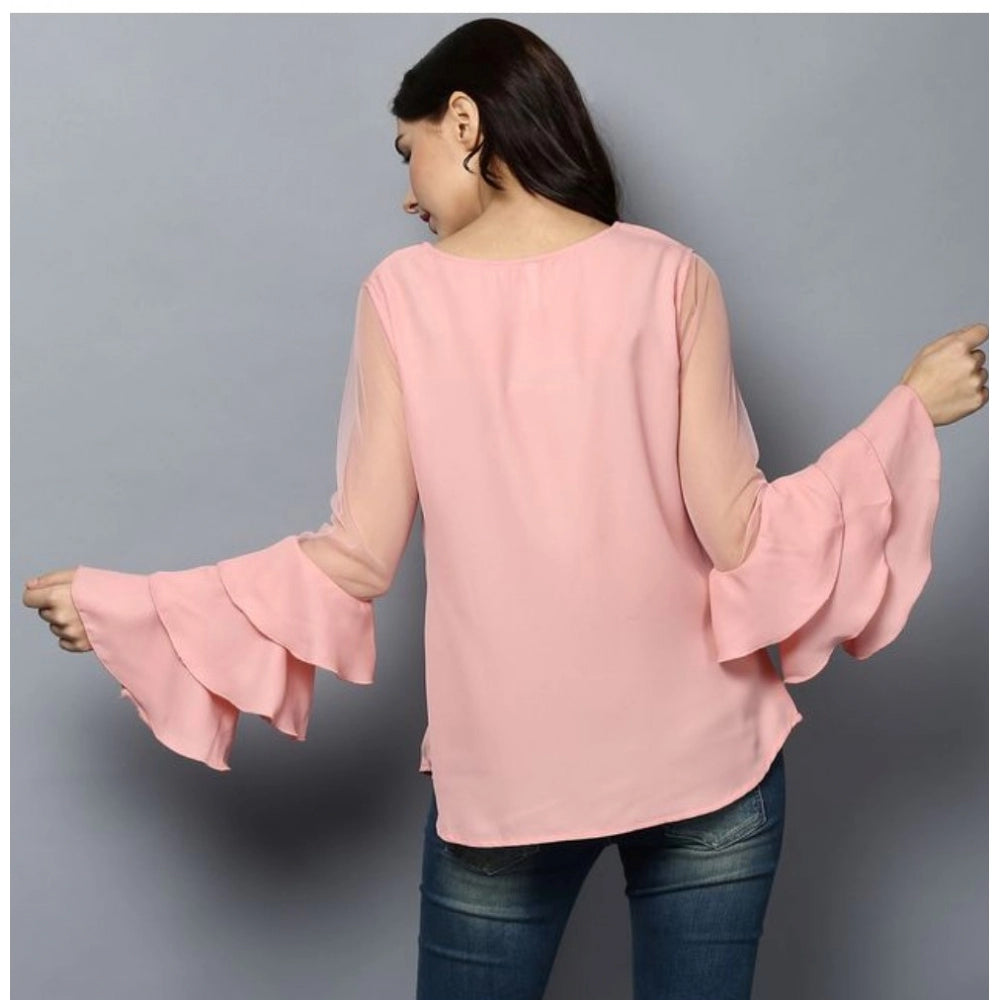 Vaystra Polyester Solid Tier Sleeve Top – Pink