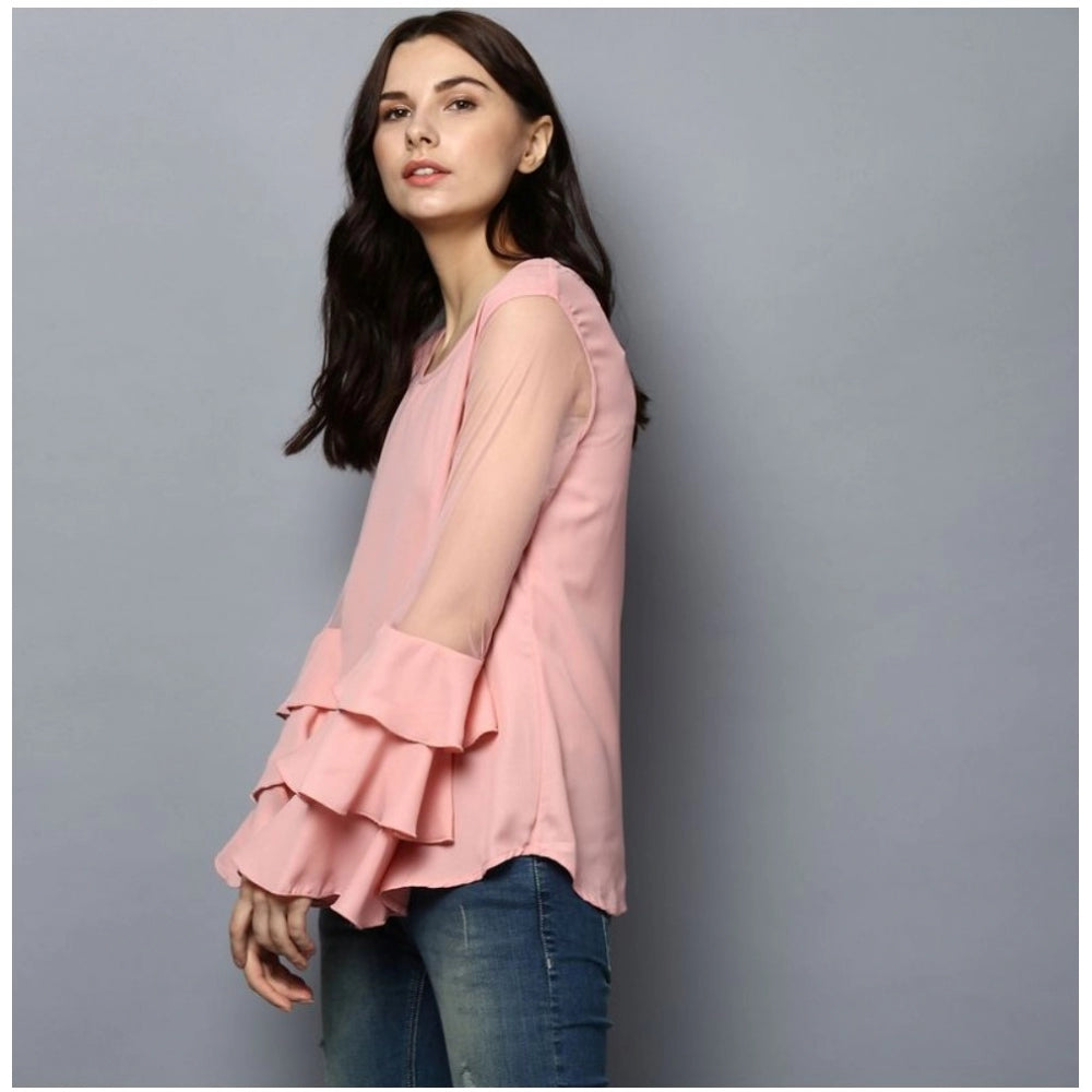 Vaystra Polyester Solid Tier Sleeve Top – Pink