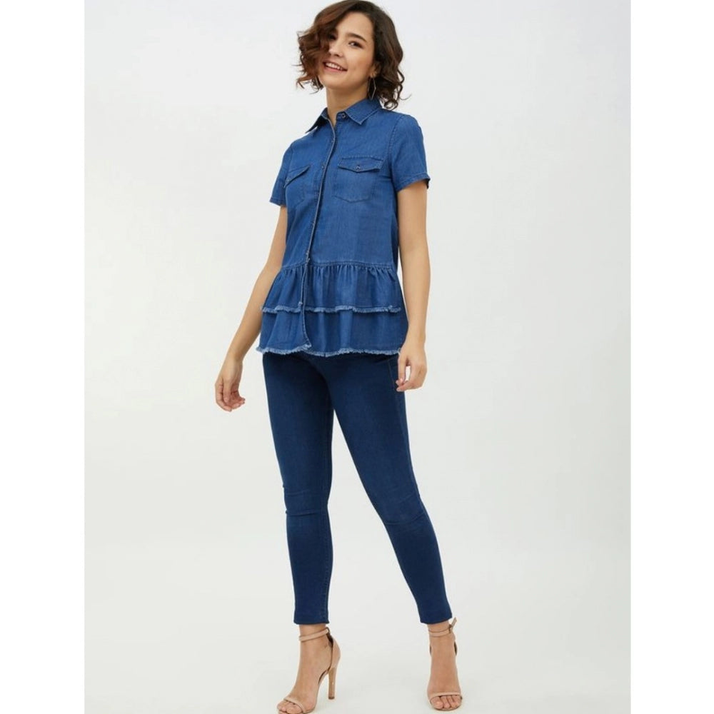 Vaystra Denim Peplum Short Sleeve Top – Blue
