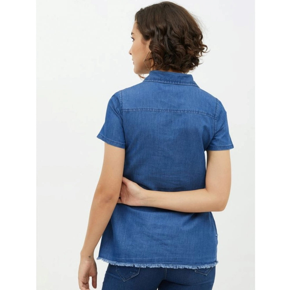 Vaystra Denim Peplum Short Sleeve Top – Blue