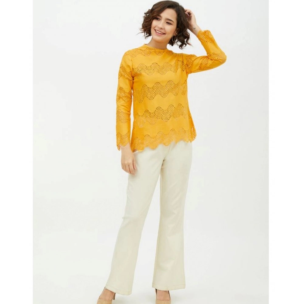 Vaystra Cotton Lace Inserts Long Sleeves Top – Yellow