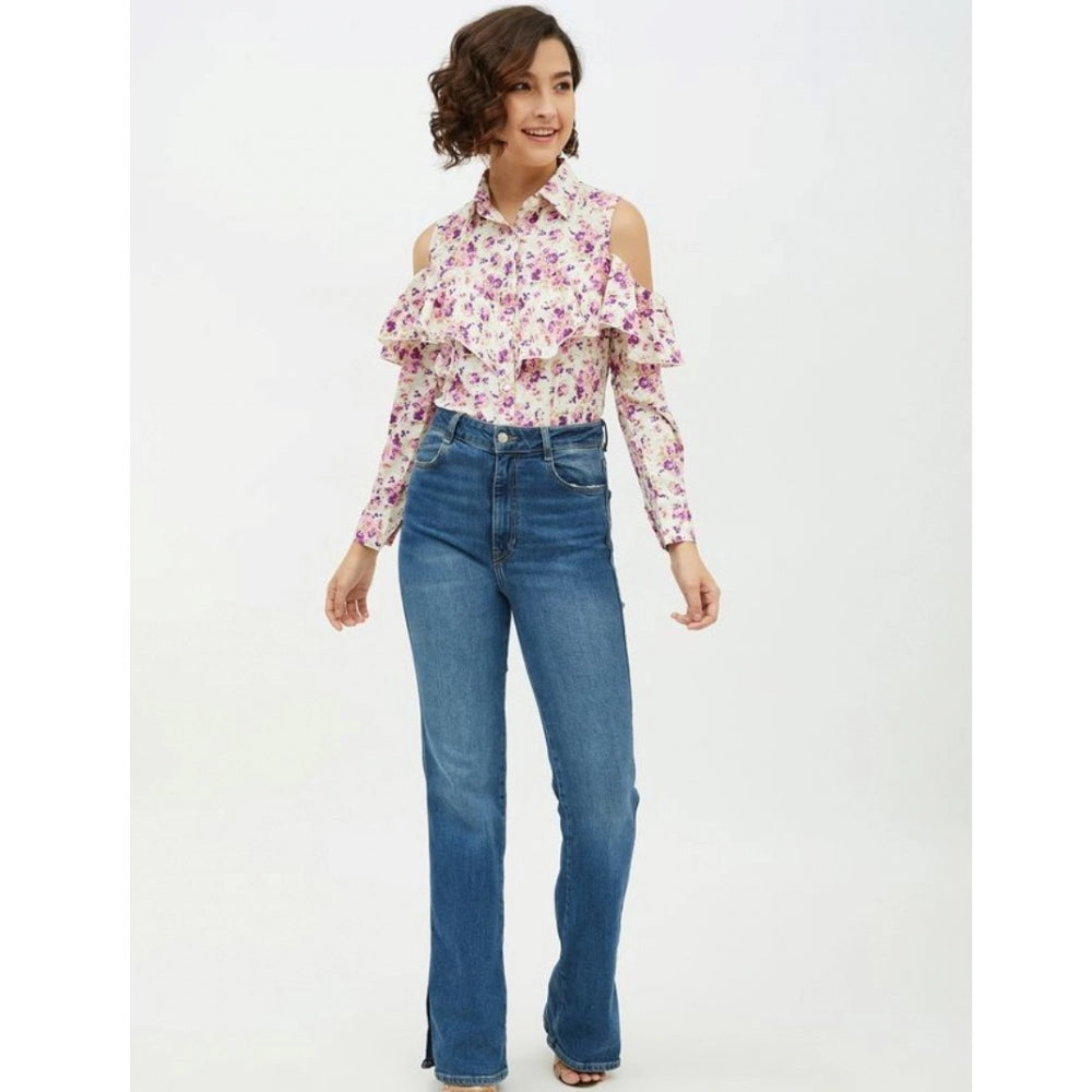 Vaystra Polyester Floral Cold Shoulder Standard Length Shirt – White
