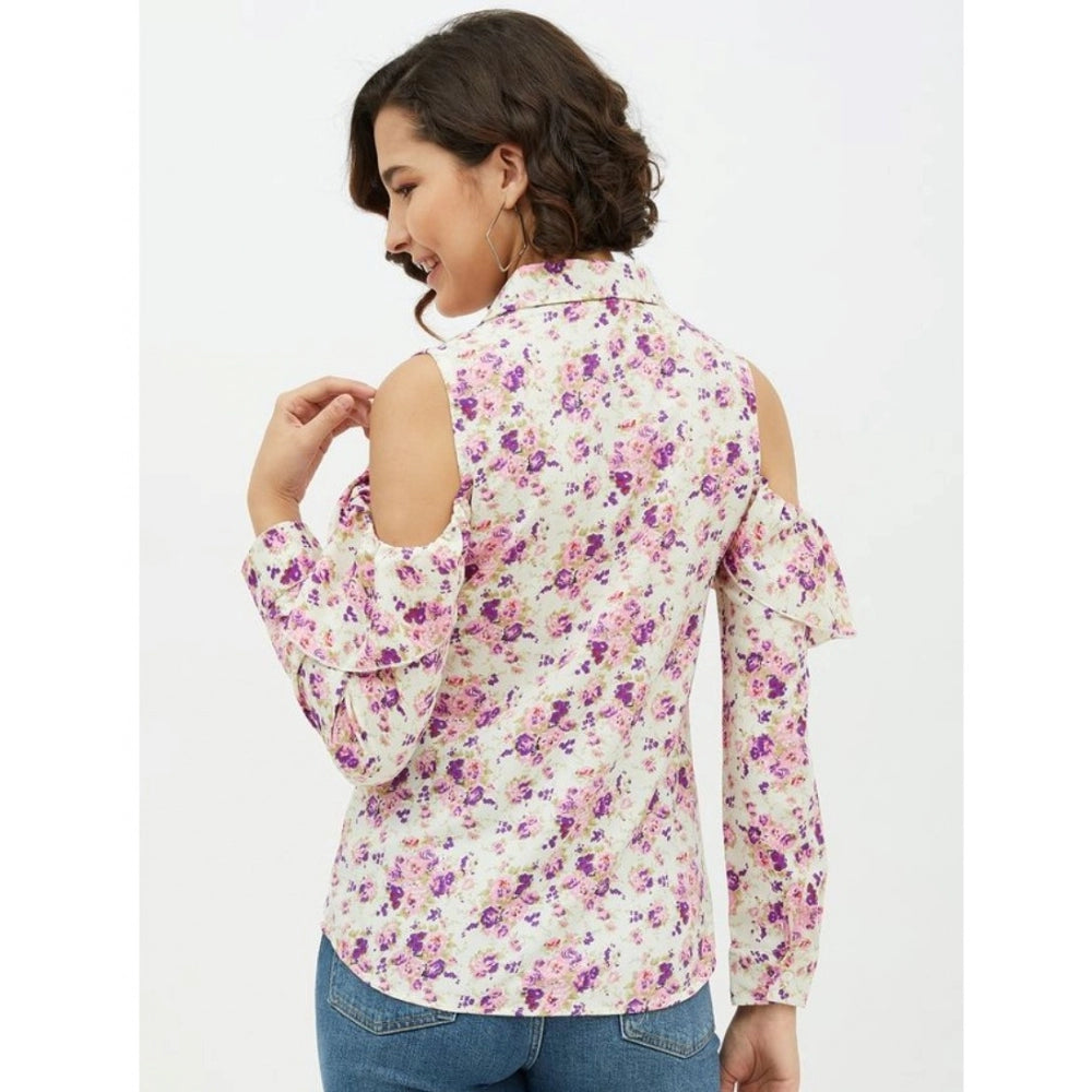 Vaystra Polyester Floral Cold Shoulder Standard Length Shirt – White