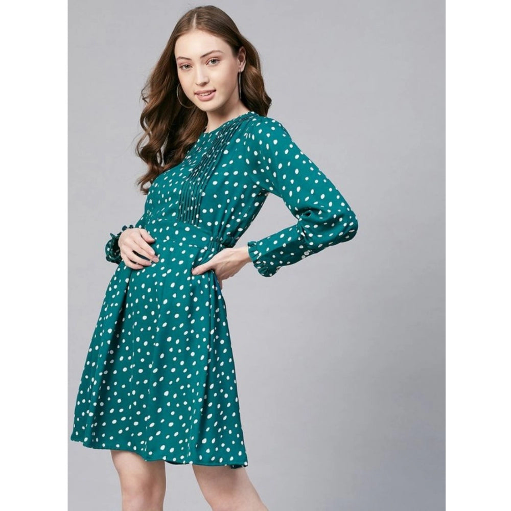 Vaystra Polyester Polka Long Sleeves Above Knee Dress – Green & White