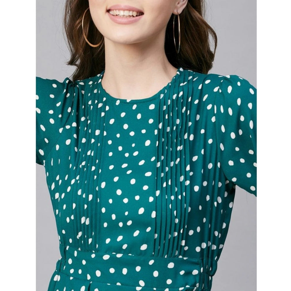 Vaystra Polyester Polka Long Sleeves Above Knee Dress – Green & White